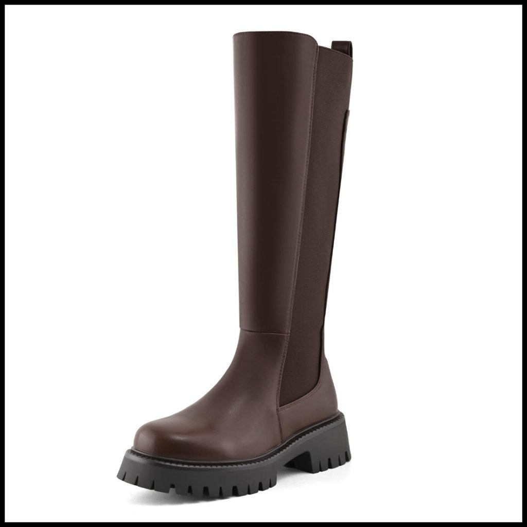 Knee High Riding Boots Platform Stretch Lug Sole Round Toe Elastic Side Zipper